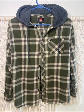Quiksilver Men's Olive Green Plaid Hooded Cardigan
